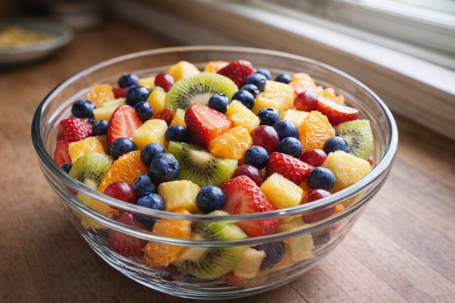 An overhead shot of a vibrant fruit salad in a clear glass bowl, showcasing a variety of colorful fruits like strawberries, blueberries, kiwi, pineapple, and oranges. Natural light from a nearby window.